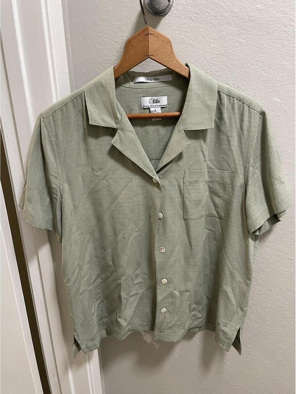 Pure Silk Button Up Shirt Women’s S Green By Bill Blass